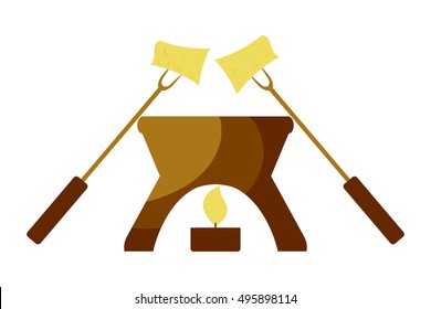 Vector illustration Cartoon fondue. Fondue snack symbol on a white background. Capacity for two fondue forks and a candle.