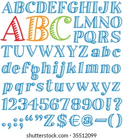 Vector illustration of a cartoon font. Includes upper and lower case, numerals, punctuation, and symbols.