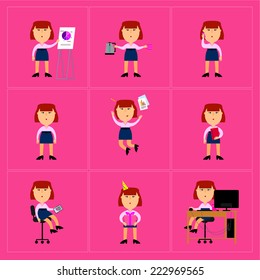 Vector illustration in cartoon form of a woman in the office dealing with different actions