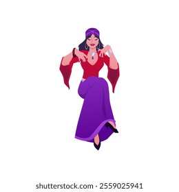 Vector illustration of cartoon fortune teller in sitting pose. Magic, witchcraft and occultism. Mystical character on isolated background. Girl in the image of a gypsy, oracle or seer. Flat style.