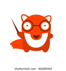 Vector Illustration of Cartoon fox. Cute fox teacher with glasses and pointer. Red fox in flat style on isolated background. Vector Baby, kid, child fox. Wild character animal