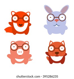 Vector illustration of cartoon fox; dog; rabbit; pig. Cute cartoon animals collection. Vector set of cute animals