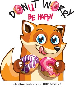 Vector illustration of cartoon fox with donuts.