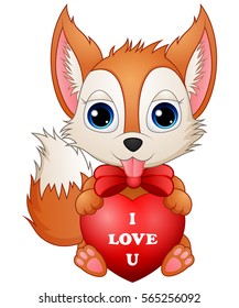 Vector illustration of Cartoon fox holding red heart