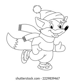 Vector illustration of a cartoon fox skating. Winter time period. Winter fun.