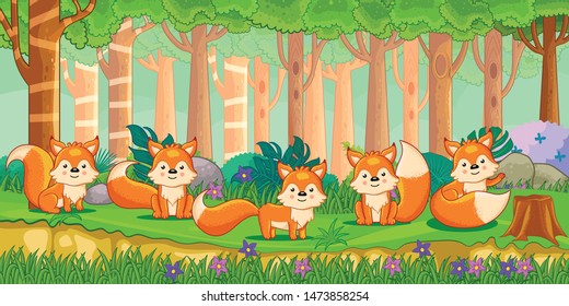 Vector illustration of Cartoon foxes in the jungle