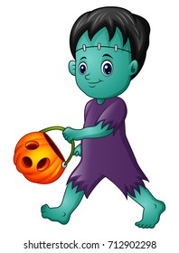 Vector illustration of Cartoon Frankenstein with pumpkin basket