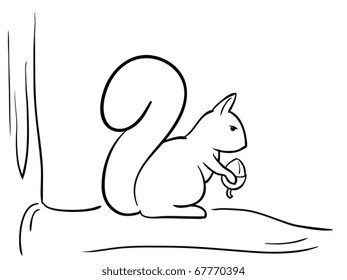 Vector illustration. Cartoon free hand image of Vector squirrel on the branch and nut