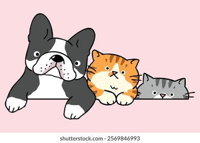 Vector Illustration of Cartoon French Bulldog and Cat Friends on Isolated Background. Hand Drawn Vector Illustration. Not AI Generated.