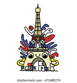 Vector illustration of cartoon French cartoon Eiffel tower. Poster for Viva La France or Bastille Day