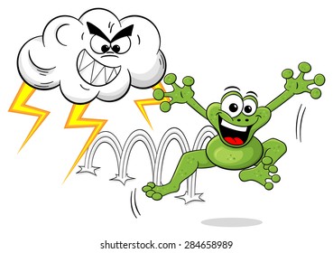 vector illustration of a cartoon frog escapes a thunderstorm