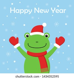 vector illustration of a cartoon frog with hat and scarf in winter. greeting card