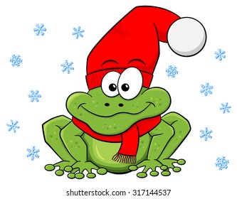 vector illustration of a cartoon frog with hat and scarf in winter