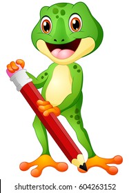 Vector illustration of Cartoon frog holding a pencil