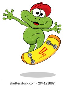 vector illustration of a cartoon frog is jumping with a skateboard
