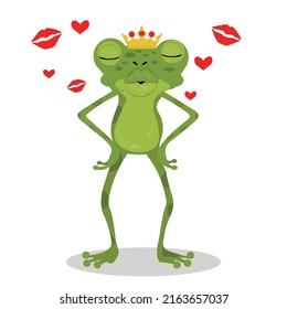 vector illustration of a cartoon frog prince waiting to be kissed.