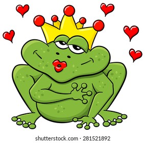 vector illustration of a cartoon frog prince waiting to be kissed