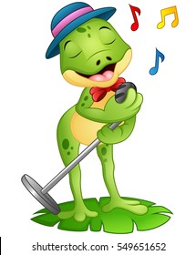 Vector illustration of Cartoon frog singing on a leaf