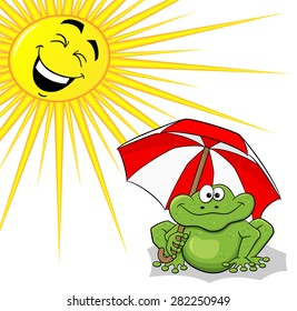 vector illustration of a cartoon frog with sunshade and sun