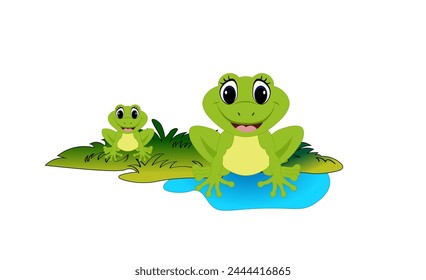 Vector illustration of cartoon frogs in the swamp