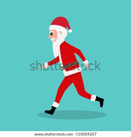 Vector illustration of cartoon fun cute Santa Claus runs to children at Christmas. Running Father Frost. Side view, profile. Flat style. Santa Claus in a hurry for the holiday.