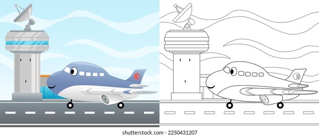 Vector illustration of cartoon funny airplane in airport. Coloring book or page for kids 