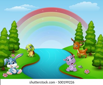 Vector illustration of Cartoon funny animals collection by the river illustration