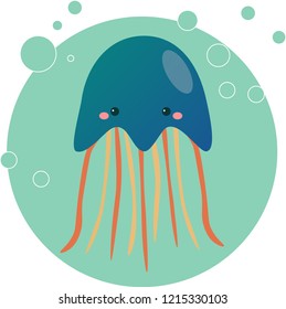 Vector illustration of cartoon funny blue jellyfish isolated on white background with  bubbles. Cute animal, sea animal character used for magazine, book, poster, card, children invitation, web pages.