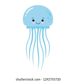 Vector illustration of cartoon funny blue jellyfish isolated on white background. Kawaii