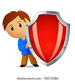 Vector illustration. Cartoon funny boy with red shield