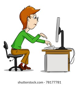 Vector illustration. Cartoon funny boy and computer