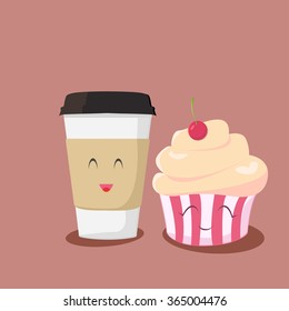 Vector Illustration Of Cartoon Funny Breakfast. Coffee Cup With Muffin. Cute Kawaii Style. Vector Illustration Flat Design.