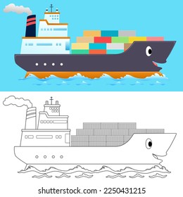 Vector illustration of cartoon funny cargo ship with containers. Coloring book or page for kids