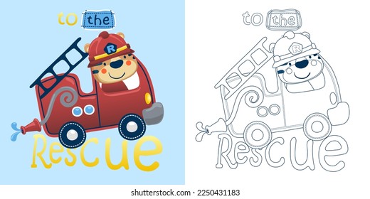 Vector illustration of cartoon funny cat driving firetruck. Coloring book or page for kids