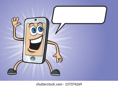 Vector illustration of cartoon funny cell phone character with speech balloon. Easy-edit layered vector EPS10 file scalable to any size without quality loss. High resolution raster JPG file included