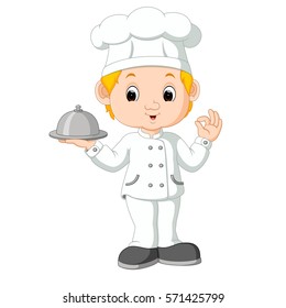 vector illustration of Cartoon funny chef holding a silver platter