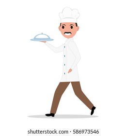 Vector illustration cartoon funny chef cook man. Isolated white background. Male chef in a restaurant with a tray, dish. Flat style. Side view, profile.