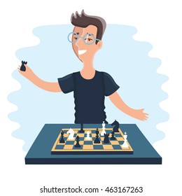 Vector illustration of cartoon funny chess-player player play chess