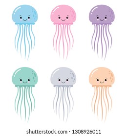 Vector illustration of cartoon funny color jellyfish isolated on white background. Set of kawaii jellyfish