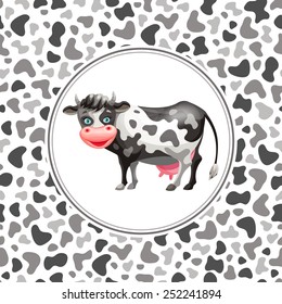 Vector illustration - cartoon funny cow and spotted seamless pattern.