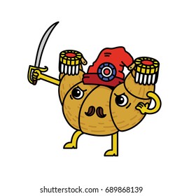 Vector illustration of cartoon funny croissant with a saber