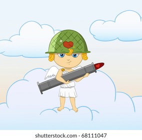 Vector illustration. Cartoon funny cupid with armed valentine bazooka. Sky with clouds on background.