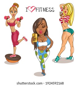 Vector Illustration. Cartoon Funny Cute Girl In Fitness Class Taking Selfie.