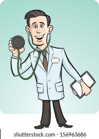 Vector illustration of cartoon funny doctor with stethoscope. Easy-edit layered vector EPS10 file scalable to any size without quality loss. High resolution raster JPG file is included.