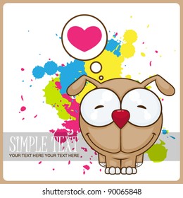 Vector illustration of cartoon funny doggy with heart on a dirty background.