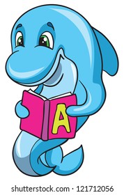 vector illustration- cartoon funny dolphin sailor in peak less cap salutes on white background