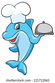 vector illustration- cartoon funny dolphin sailor in peak less cap salutes on white background