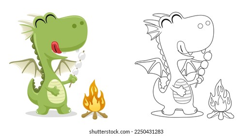 Vector illustration of cartoon funny dragon roasting meatballs. Coloring book or page for kids 