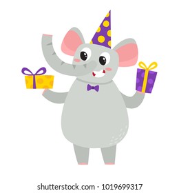 Vector illustration of cartoon funny elephant isolated on white background. Cute, funny animal, elephant character with gifts used for magazine, book, poster, card, web pages.