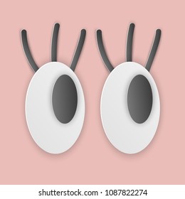 Vector illustration, cartoon funny eyes with eyelashes in papercut style with transparent shadows isolated on pink background